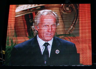 Greg Norman as viewed on one of two giant screens while introducing inductee, Pete Dye at the 2008 World Golf Hall of Fame Induction Ceremony on 11/10/08.